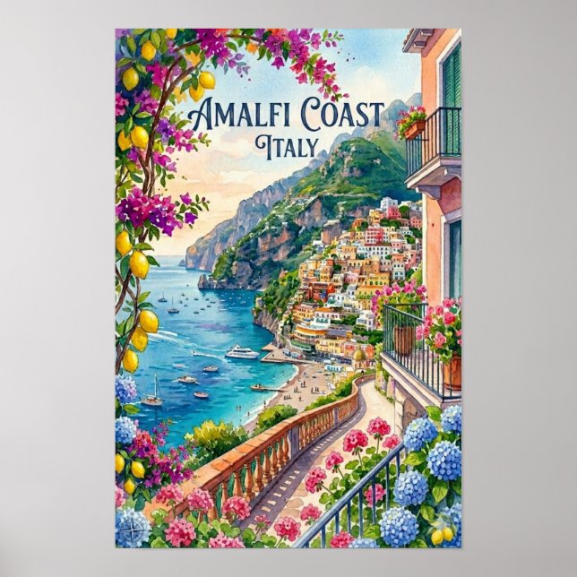 Póster Amalfi Coast Italy Watercolor Travel Tropical (Frente)