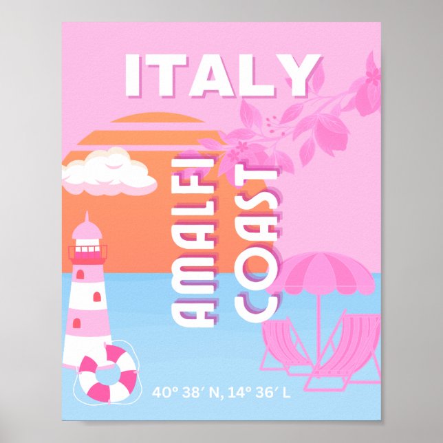 Póster Amalfi Coast Travel Art, Viaje Preppy, Rosa (Frente)