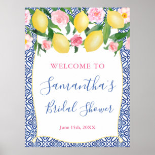 Póster Amalfi Lemons Pink Floral Blue Tile Bridal Shower