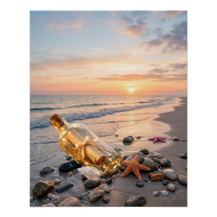 Póster Amanecer Atardecer Océano Olas en la Playa