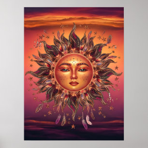 Póster Amanecer bohemio con motivos florales y brillo cál