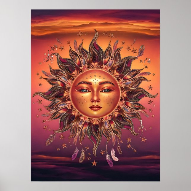 Póster Amanecer bohemio con motivos florales y brillo cál (Frente)