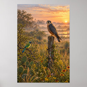 Póster Amanecer Brumoso en el Sur de Texas con Halcón Apl
