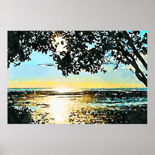 Póster Amanecer de paisaje marino acuarela