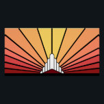 Póster Amanecer del sol Art Deco<br><div class="desc">Un clásico estilo Art Déco patrón sol en colores del amanecer. Un patrón icónico del sol saliendo por detrás de un estilizado edificio de estilo Art Déco. Un diseño sencillo pero elegante,  fiel a la época.</div>