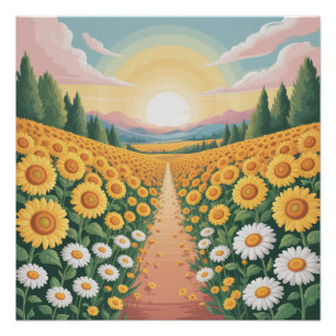 Póster Amanecer dorado sobre un sereno campo de girasoles