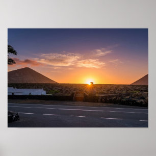 Póster Amanecer dorado sobre viñedo volcánico de Lanzarot