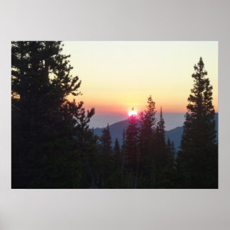 Póster Amanecer en el bosque en la montaña Rocky