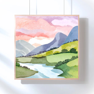 Póster Amanecer en la ladera de la montaña verde Acuare