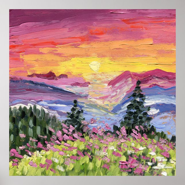 Póster Amanecer en la Montaña con Flores Silvestres (Frente)
