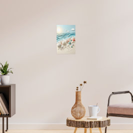 Póster Amanecer en la playa y conchas marinas