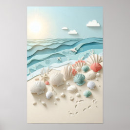 Póster Amanecer en la playa y conchas marinas