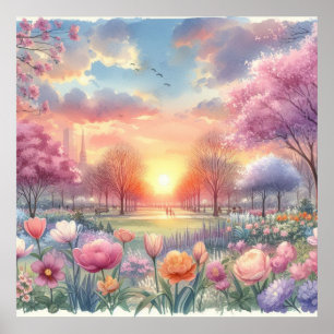 Póster Amanecer en un parque con flores acuarela pastel