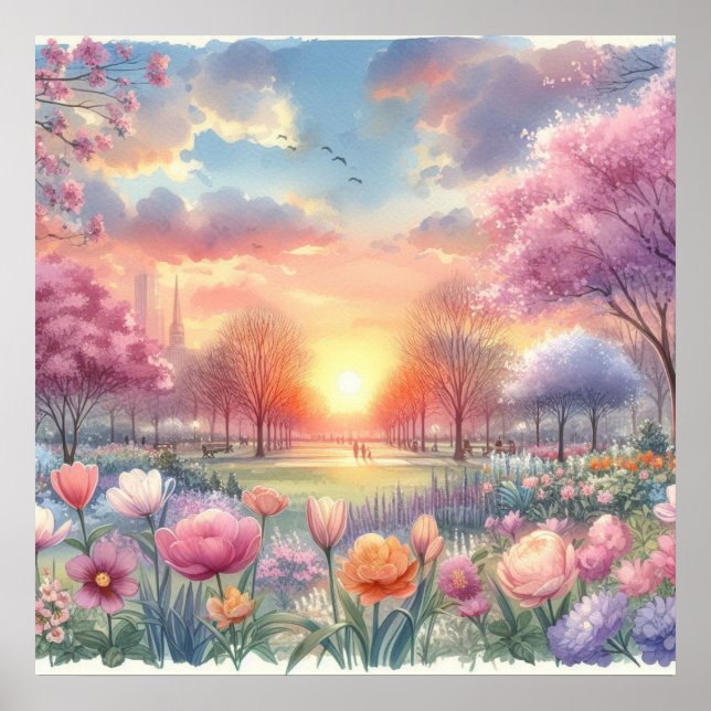 Póster Amanecer en un parque con flores acuarela pastel (Frente)