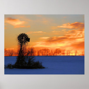 Póster Amanecer matutino con molino de viento en invierno
