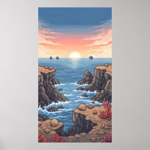 Póster Amanecer pixelado tranquilo sobre el océano con ro