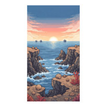 Amanecer pixelado tranquilo sobre el océano con ro