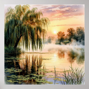 Póster Amanecer Sereno en el Lago con Sauce