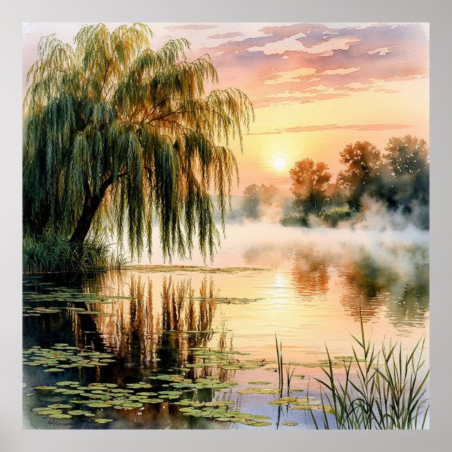 Póster Amanecer Sereno en el Lago con Sauce (Frente)