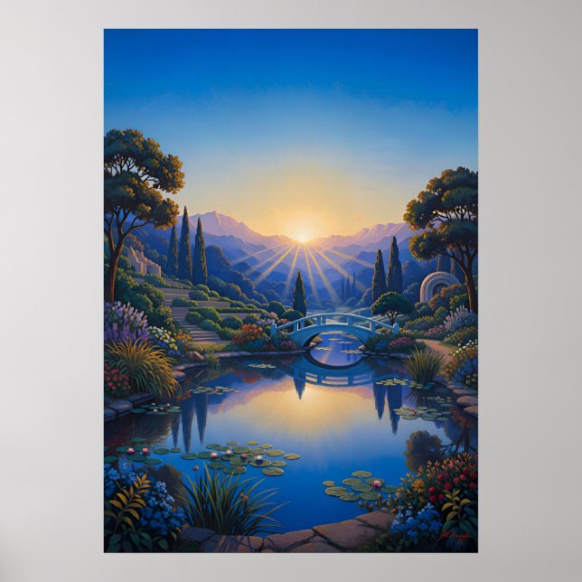 Póster Amanecer sobre el puente del jardín (Frente)