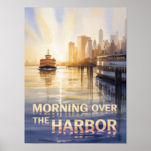 Póster Amanecer sobre el puerto de Nueva York acuarela