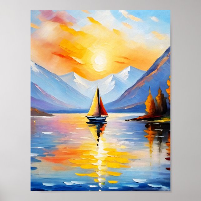 Póster Amanecer sobre un lago y montañas nevadas (Frente)
