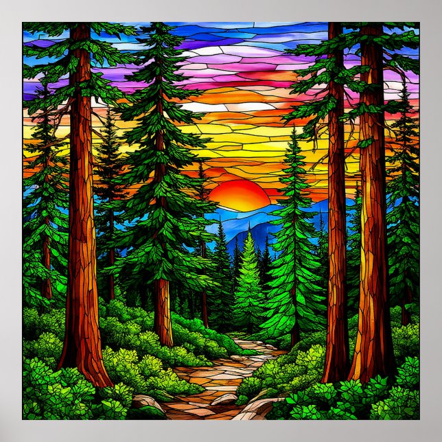 Póster Amanecer sobre un paisaje forestal tranquilo (Frente)
