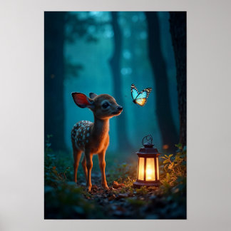 Póster Amanecer y mariposa en un bosque encantado