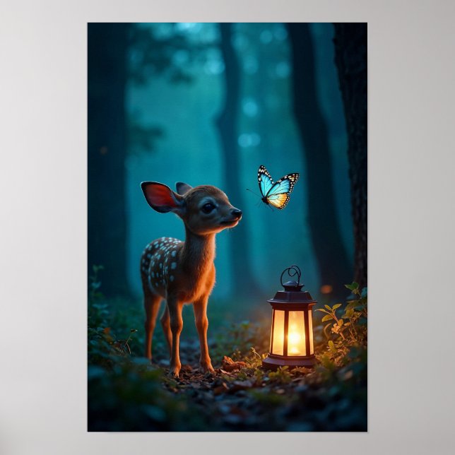 Póster Amanecer y mariposa en un bosque encantado (Frente)