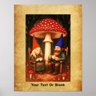 Póster Amanita Mushroom y Gnomes