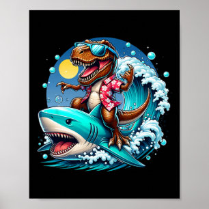 Póster Amante de la playa T-rex Dinosaurio montando tibur