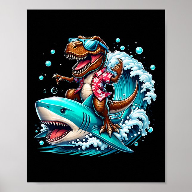 Póster Amante de la playa T-rex Dinosaurio montando tibur (Frente)