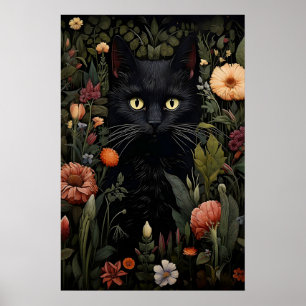 Póster Amante de las flores gato negro estampado, gato fl