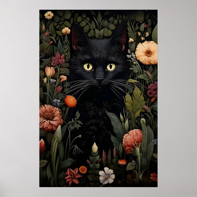 Póster Amante de las flores gato negro estampado, gato fl (Frente)