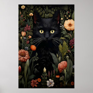 Póster Amante de las Flores Gato Negro Imprimir, Gato Flo