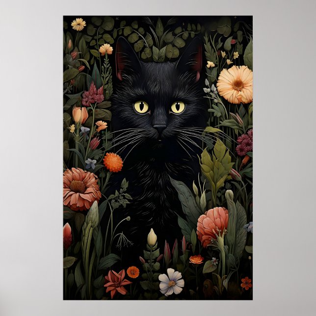 Póster Amante de las Flores Gato Negro Imprimir, Gato Flo (Frente)