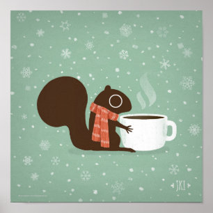 Póster Amante del café de ardilla bosque invierno vacacio