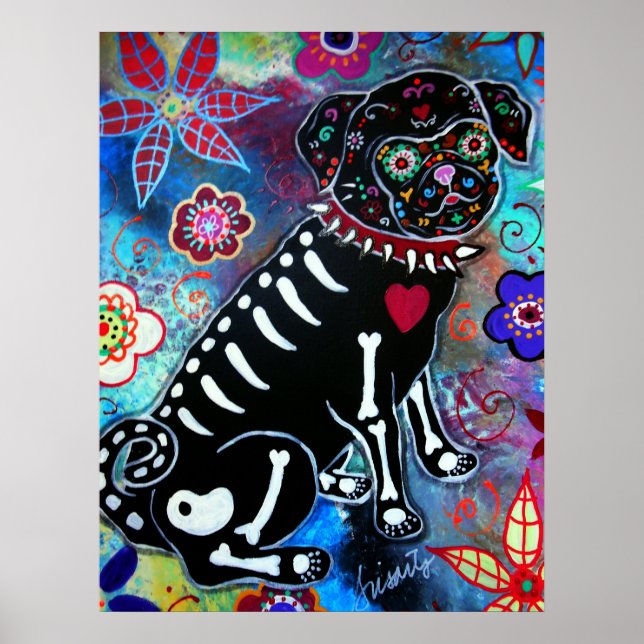 Póster Amante del perro Pug Dia de los Muertos (Frente)