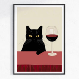 Póster Amante del Vino Gato Negro Divertido