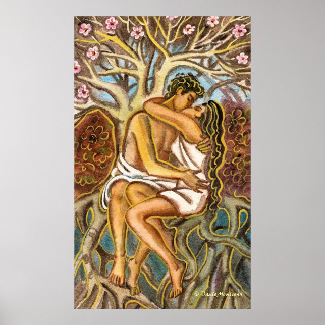 Póster Amantes besándose bajo un árbol floreciente (Frente)