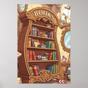 Póster Amantes de los libros Estante de libros de dibujos
