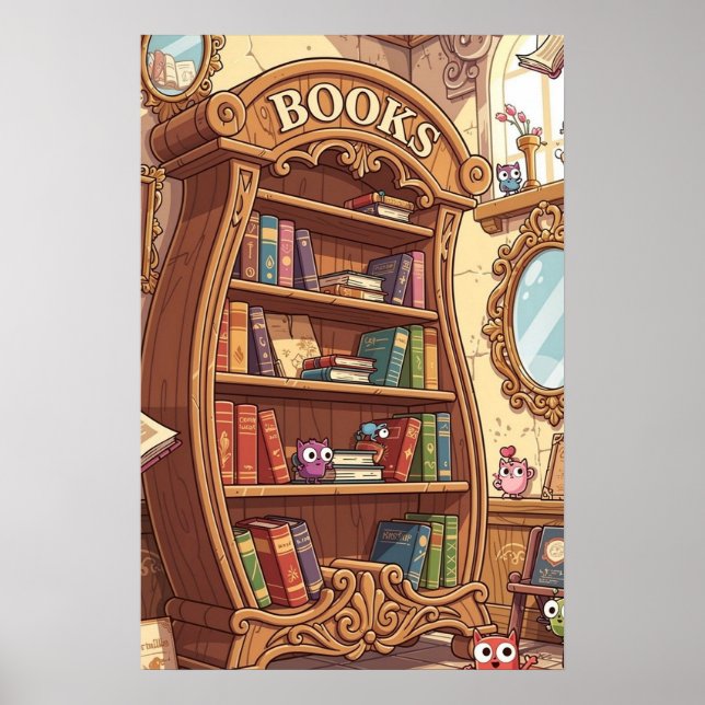 Póster Amantes de los libros Estante de libros de dibujos (Frente)