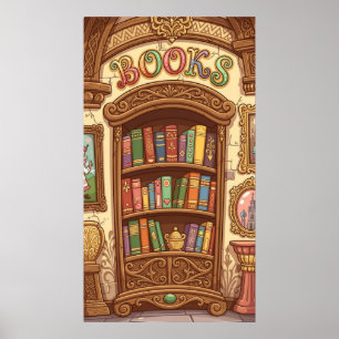 Póster Amantes de los libros Estante de libros de dibujos