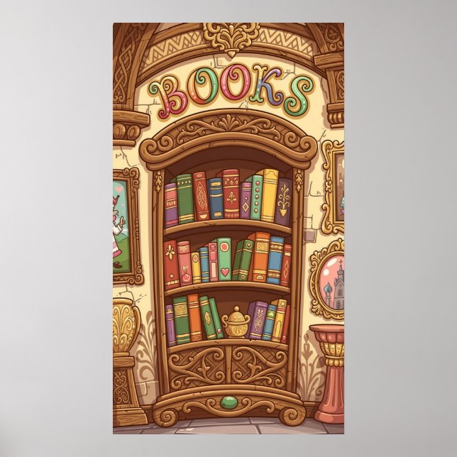 Póster Amantes de los libros Estante de libros de dibujos (Frente)