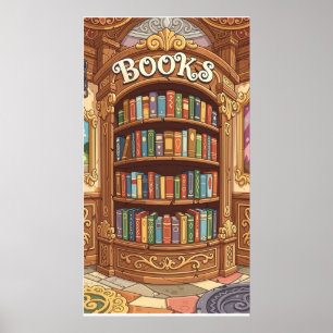 Póster Amantes de los libros Estante de libros de dibujos