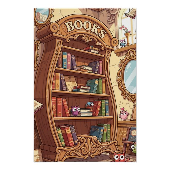 Póster Amantes de los libros Estante de libros de dibujos (Anverso)