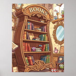 Póster Amantes de los libros Estante de libros de dibujos