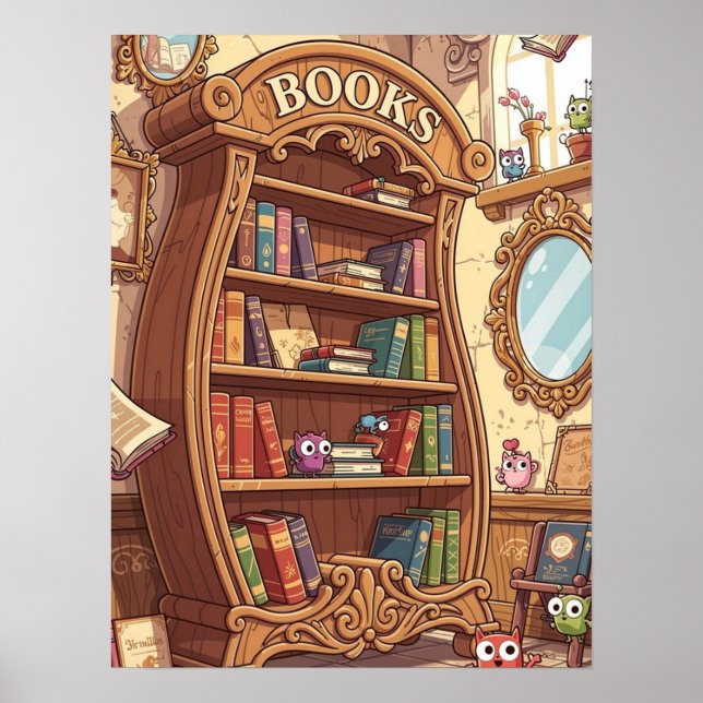Póster Amantes de los libros Estante de libros de dibujos (Frente)