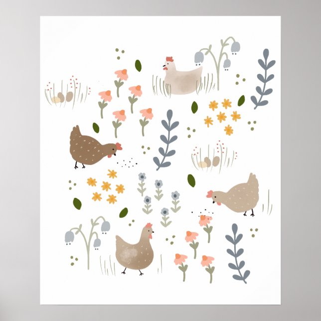 Póster Amantes de pollo corral Bonito animal Floral (Frente)