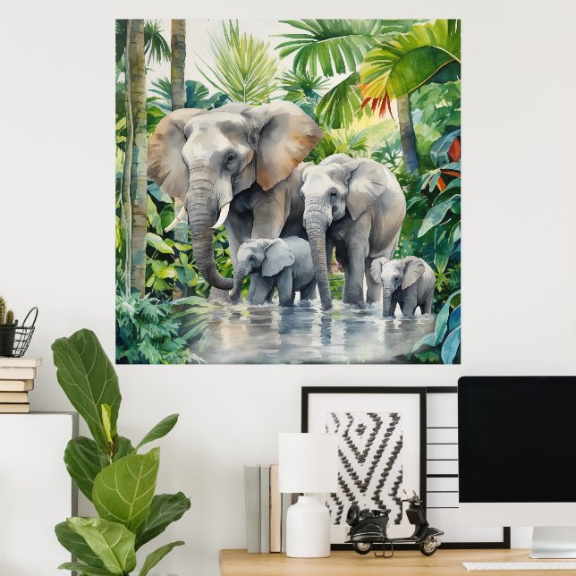 Póster Amantes del elefante de la selva divertida (Oficina en casa)